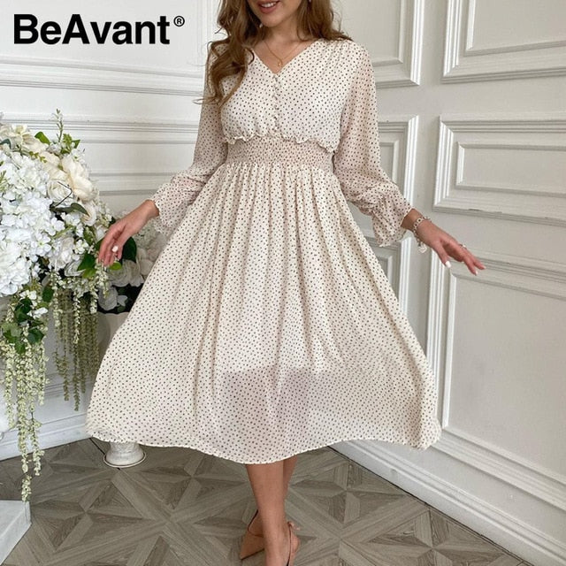 Beavent Casual flare sleeve dress women Elegant V-neck polka dot print dress High waist A-Line holiday female midi dress vestido