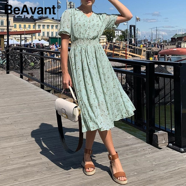 Beavent Casual flare sleeve dress women Elegant V-neck polka dot print dress High waist A-Line holiday female midi dress vestido