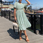 Load image into Gallery viewer, Beavent Casual flare sleeve dress women Elegant V-neck polka dot print dress High waist A-Line holiday female midi dress vestido
