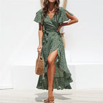 Load image into Gallery viewer, HiloRill Summer Beach Maxi Dress Women Floral Print Boho Long Dress Ruffles Wrap Casual V-Neck Split Sexy Party Dress Robe Femme
