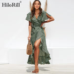 Load image into Gallery viewer, HiloRill Summer Beach Maxi Dress Women Floral Print Boho Long Dress Ruffles Wrap Casual V-Neck Split Sexy Party Dress Robe Femme
