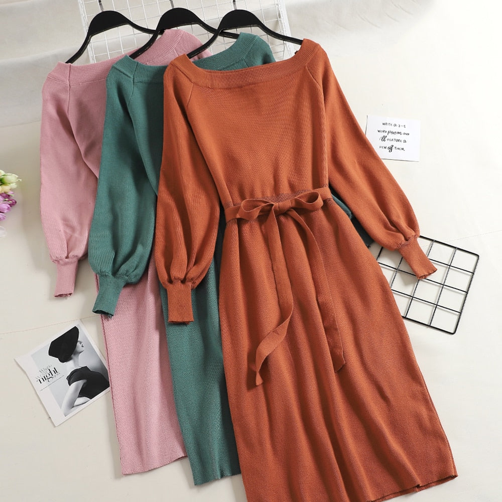 New Spring Autumn Fashion Slash neck Knitted Dresses Elegant Sashes Full Sleeve Dress Work wear Slim Drawstring Vestidos Mw526