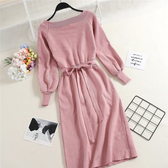 New Spring Autumn Fashion Slash neck Knitted Dresses Elegant Sashes Full Sleeve Dress Work wear Slim Drawstring Vestidos Mw526