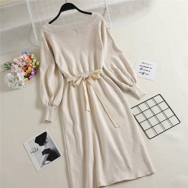 New Spring Autumn Fashion Slash neck Knitted Dresses Elegant Sashes Full Sleeve Dress Work wear Slim Drawstring Vestidos Mw526