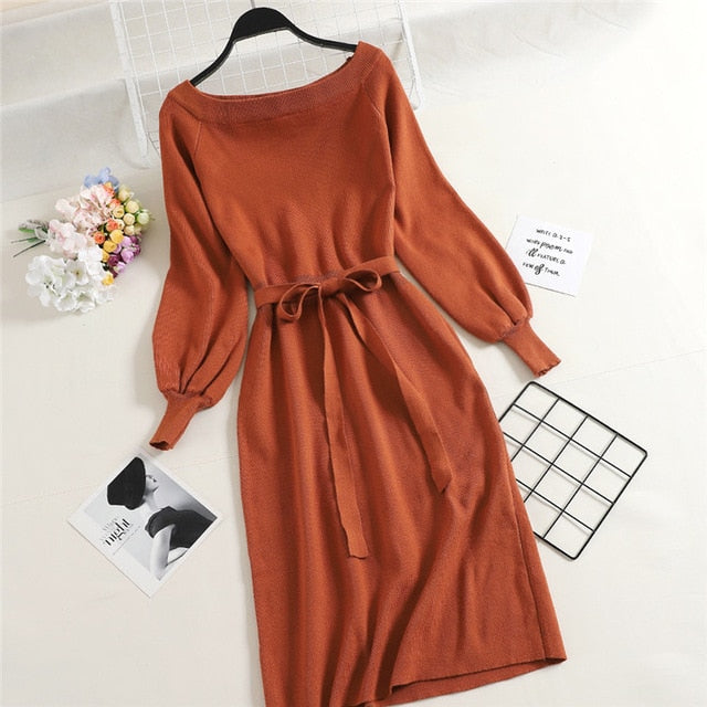 New Spring Autumn Fashion Slash neck Knitted Dresses Elegant Sashes Full Sleeve Dress Work wear Slim Drawstring Vestidos Mw526