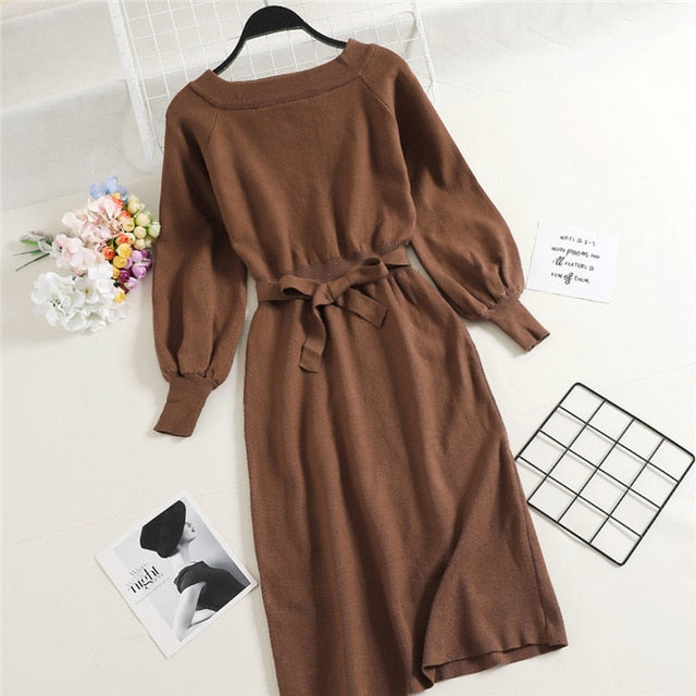 New Spring Autumn Fashion Slash neck Knitted Dresses Elegant Sashes Full Sleeve Dress Work wear Slim Drawstring Vestidos Mw526