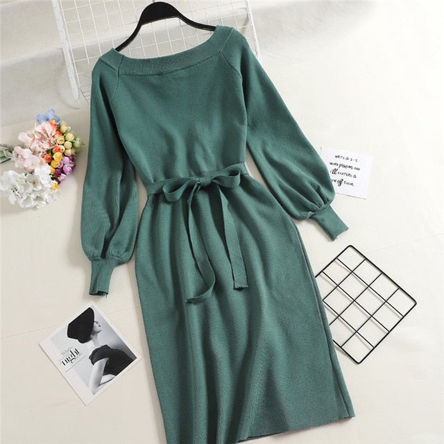 New Spring Autumn Fashion Slash neck Knitted Dresses Elegant Sashes Full Sleeve Dress Work wear Slim Drawstring Vestidos Mw526