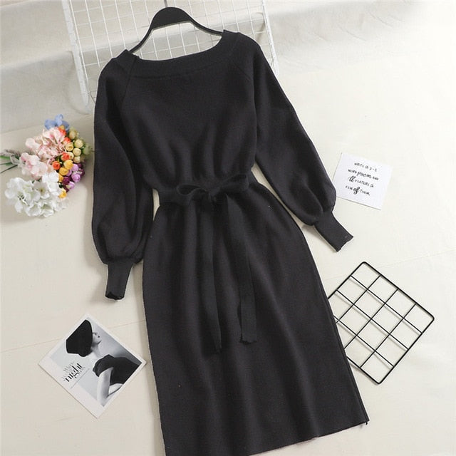 New Spring Autumn Fashion Slash neck Knitted Dresses Elegant Sashes Full Sleeve Dress Work wear Slim Drawstring Vestidos Mw526