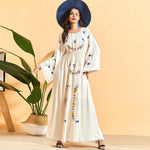 Load image into Gallery viewer, Siskakia Floral Embroidery Pleated Slim Waist Swing Maxi Dress Beige White Bohemian long Sleeve Dresses Elegant Arabian Clothing
