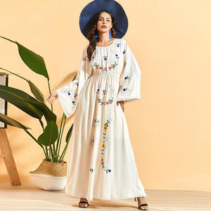 Siskakia Floral Embroidery Pleated Slim Waist Swing Maxi Dress Beige White Bohemian long Sleeve Dresses Elegant Arabian Clothing