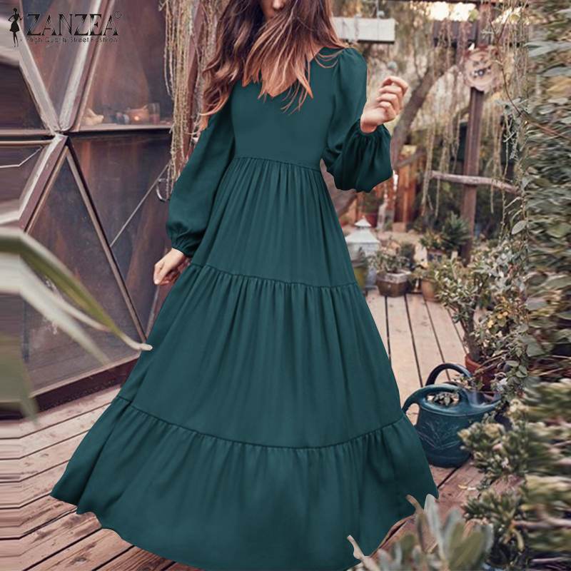 ZANZEA 2020 Stylish Ruffle Maxi Dress Casual Puff Sleeve Tunic Vestidos Female Solid Robe Women's Autumn Sundress Plus Size 5XL