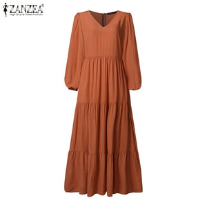 ZANZEA 2020 Stylish Ruffle Maxi Dress Casual Puff Sleeve Tunic Vestidos Female Solid Robe Women's Autumn Sundress Plus Size 5XL