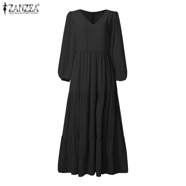 ZANZEA 2020 Stylish Ruffle Maxi Dress Casual Puff Sleeve Tunic Vestidos Female Solid Robe Women's Autumn Sundress Plus Size 5XL